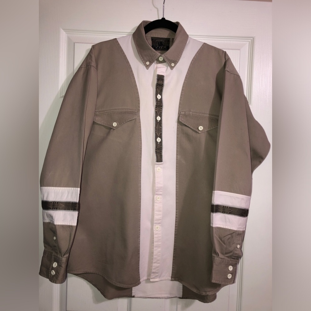 VINTAGE szL spindle river classics tan and white long sleeve button down shirt